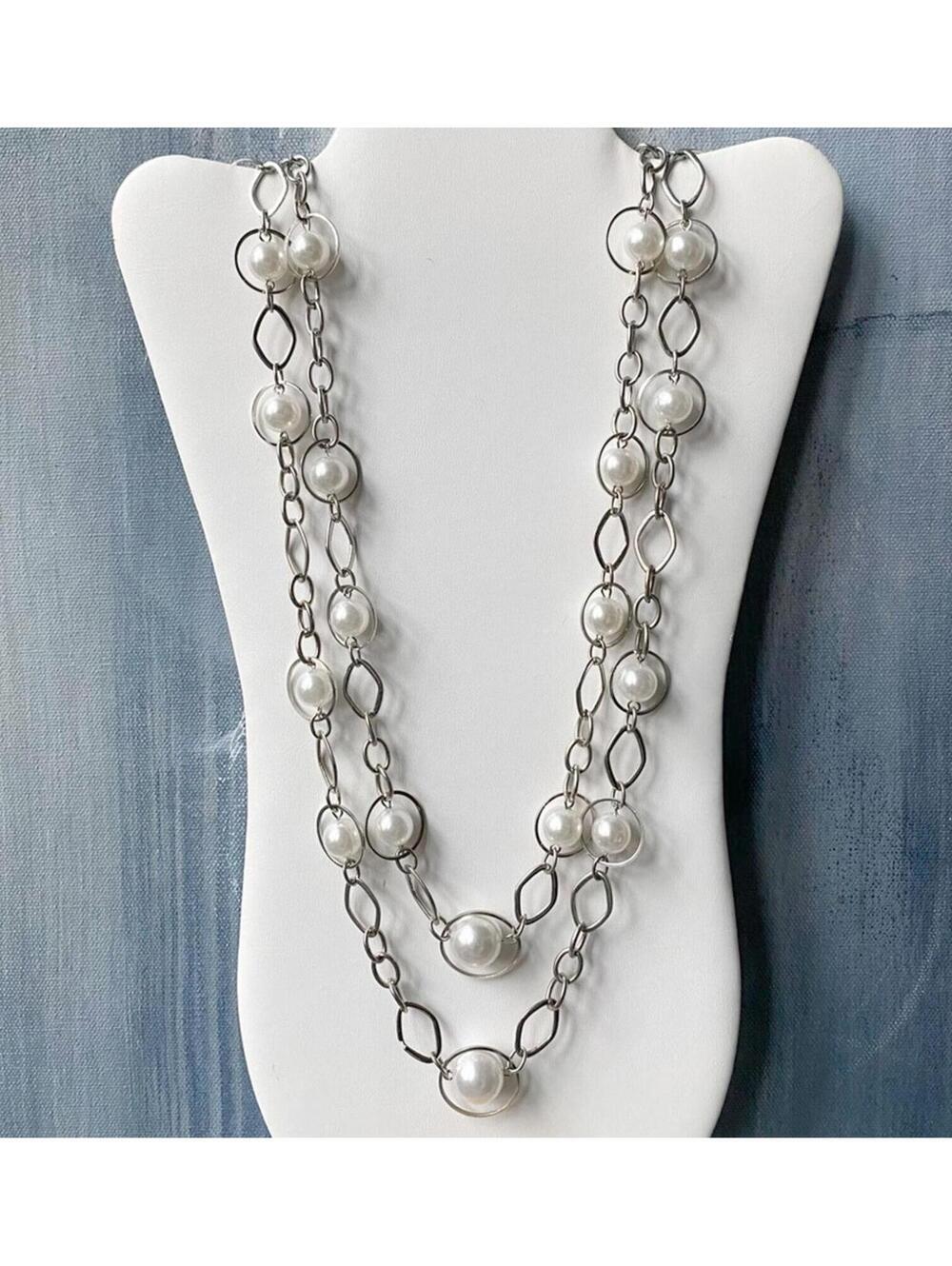 Vintage NY&Co Silver Faux Pearl Layered Necklace - Picture 2 of 8